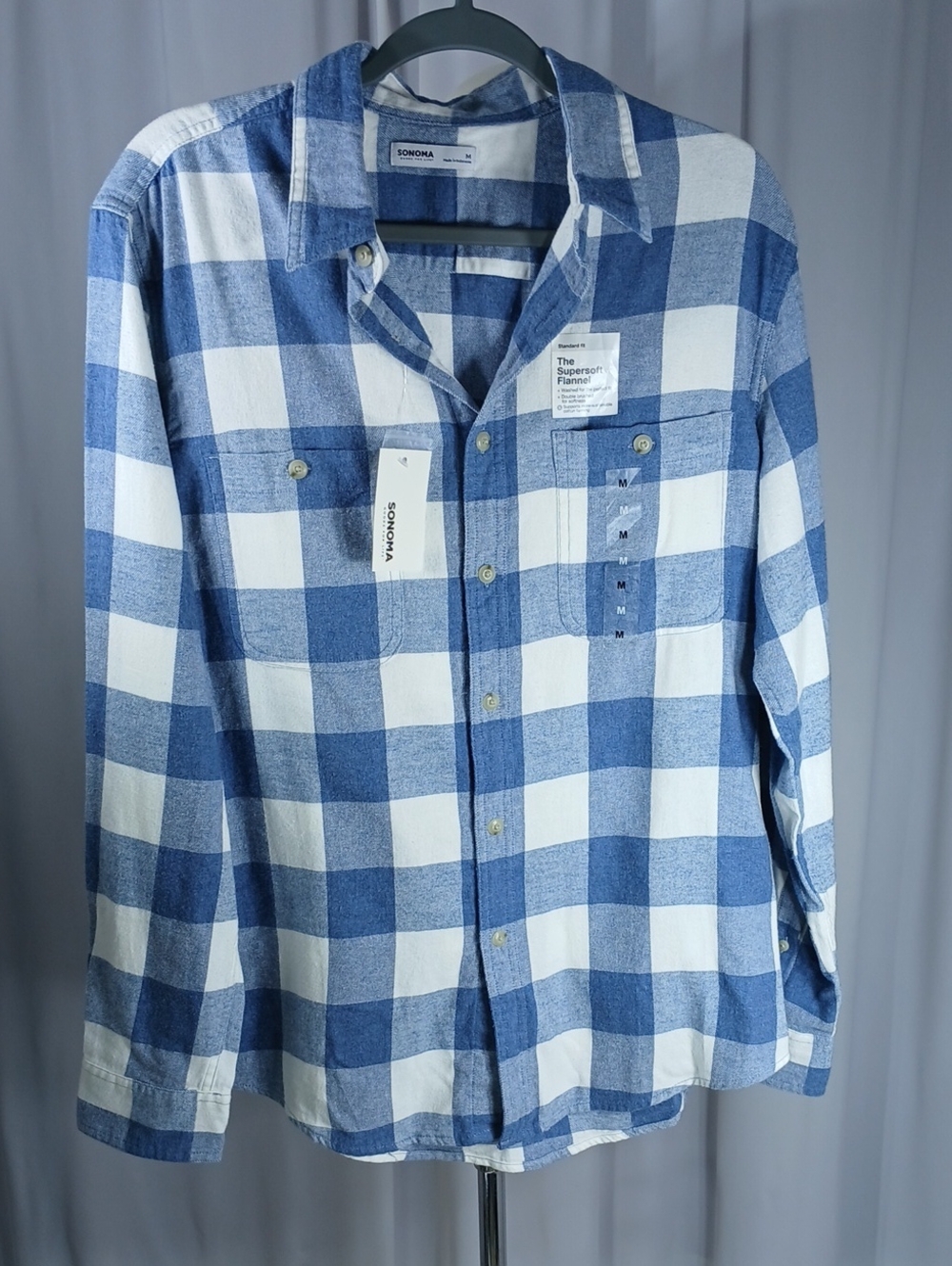 Sonoma mens NEW Blue and White Plaid COTTON FLANNEL Button-Down Shirt